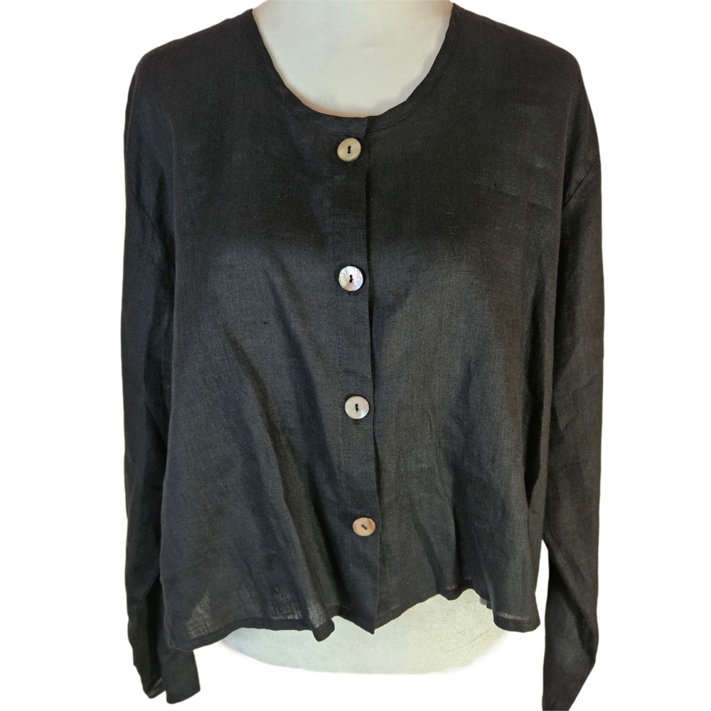 Flax Button Up Shirt Jacket Womens Large Linen Lagenlook Minimalist Boxy Cropped